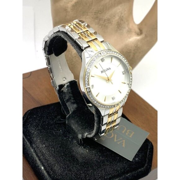 Bulova Women's Watch 98L273 Mother of Pearl Dial Two Tone Steel Gemmed 32mm - Picture 14 of 14